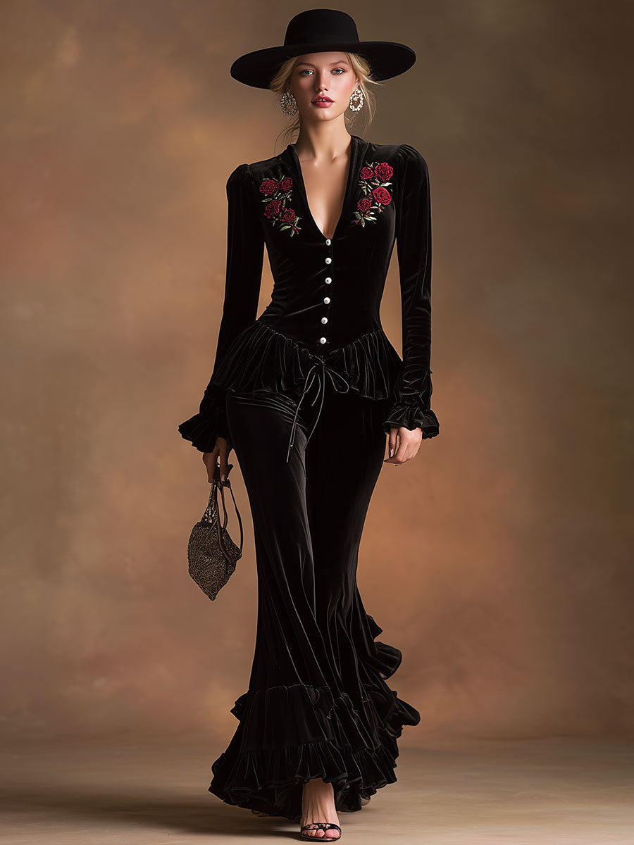 An Elegant, Vintage-style Embroidered Black Velvet Shirt And Ruffled Trousers Set