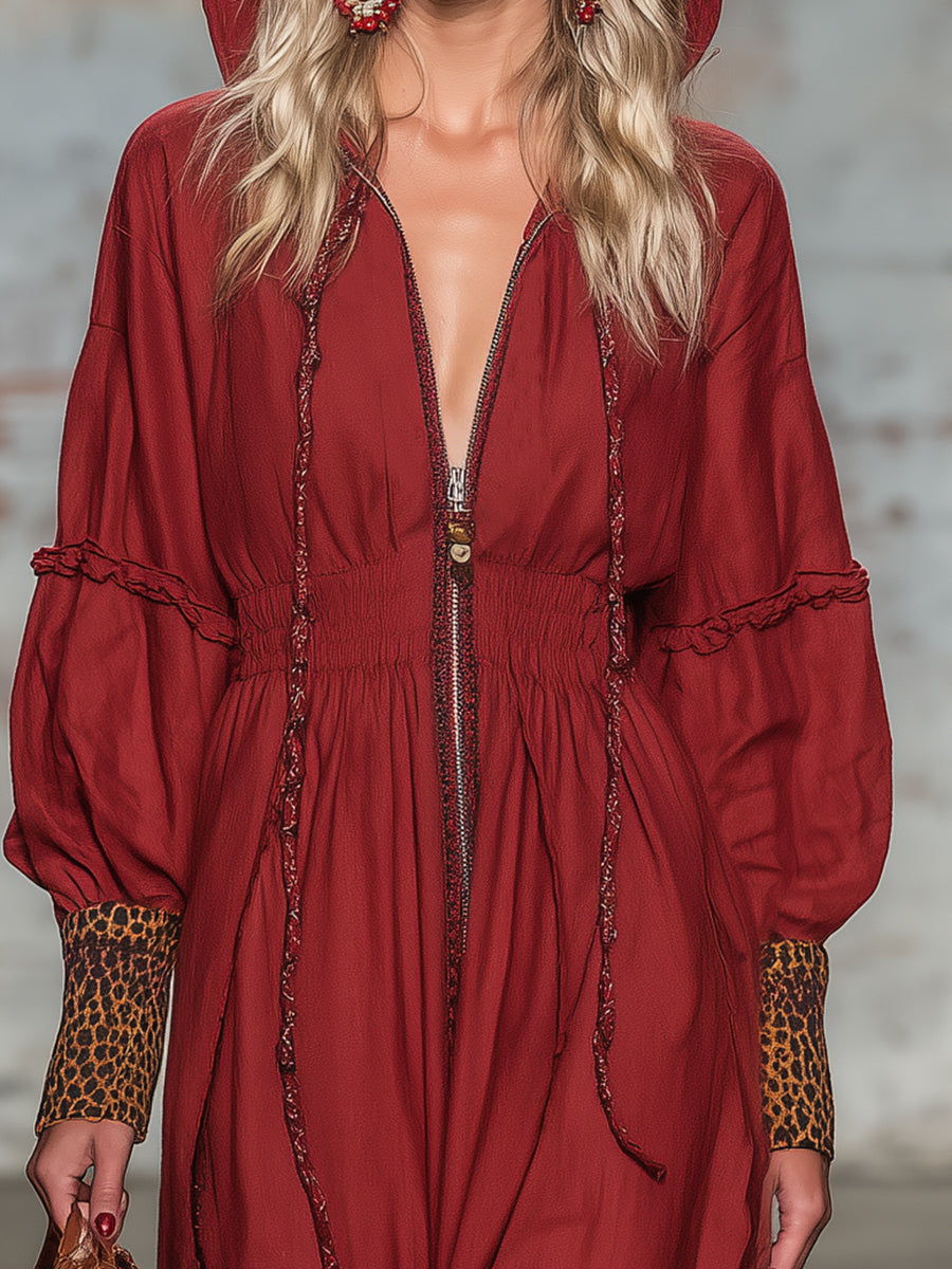 Western-style Red Linen Zip-up Hooded With Partial Leopard Print Maxi Dress