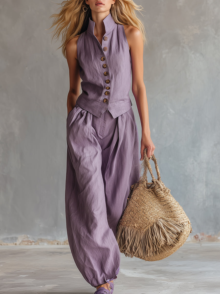 Elegant And Refreshing Lilac Cotton And Linen Vest And Balloon Pants Set