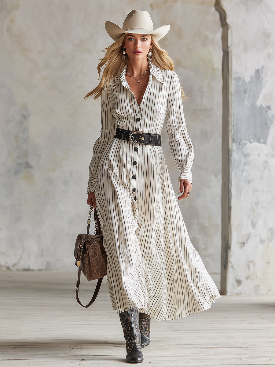 Elegant Vintage White Striped Lapel Maxi Dress