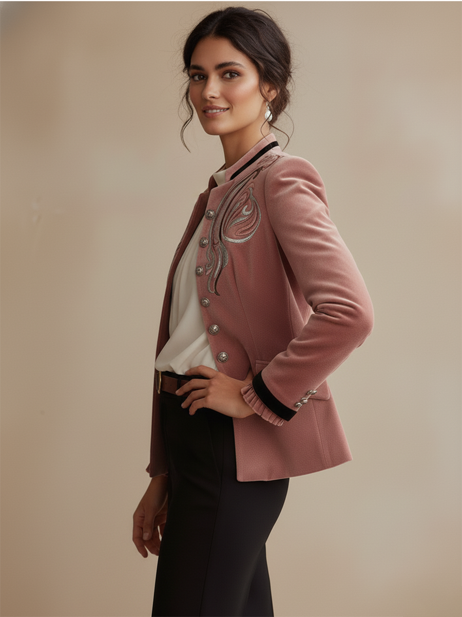 Retro Western-style Stand-up Collar Embroidered Pink Velvet Jacket