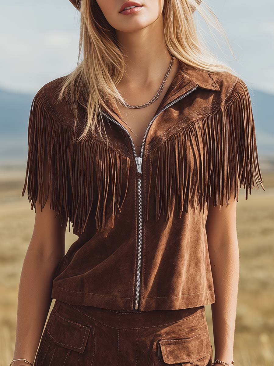 Vintage Western Collared Zip-Front Fringe Brown Faux Suede Top And Shorts Set