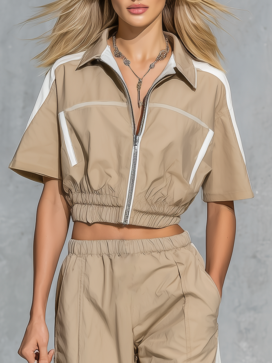 Sporty Casual Collared Zip-up Short-sleeved Top Paired With Trousers Set