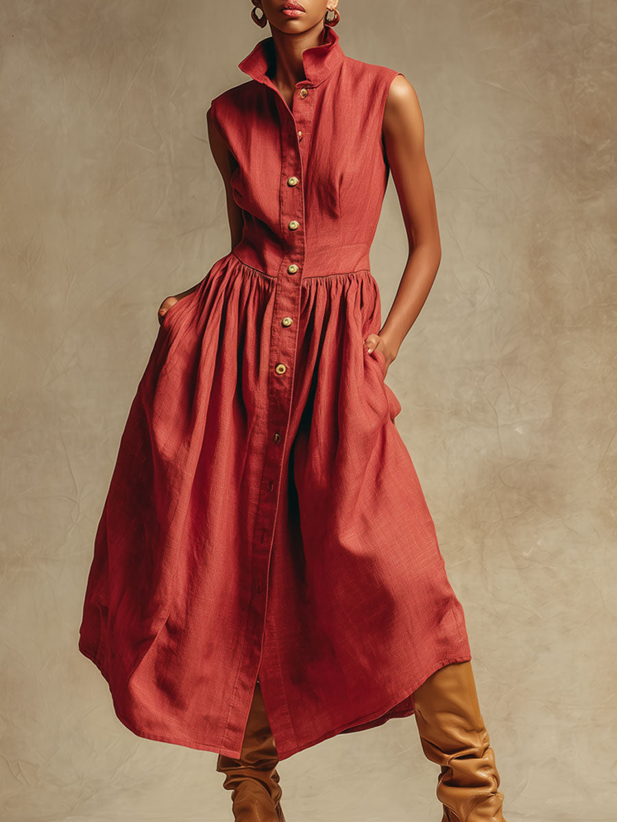 Fashionable Retro Red Cotton And Linen Pleated Cardigan Sleeveless Midi Dress