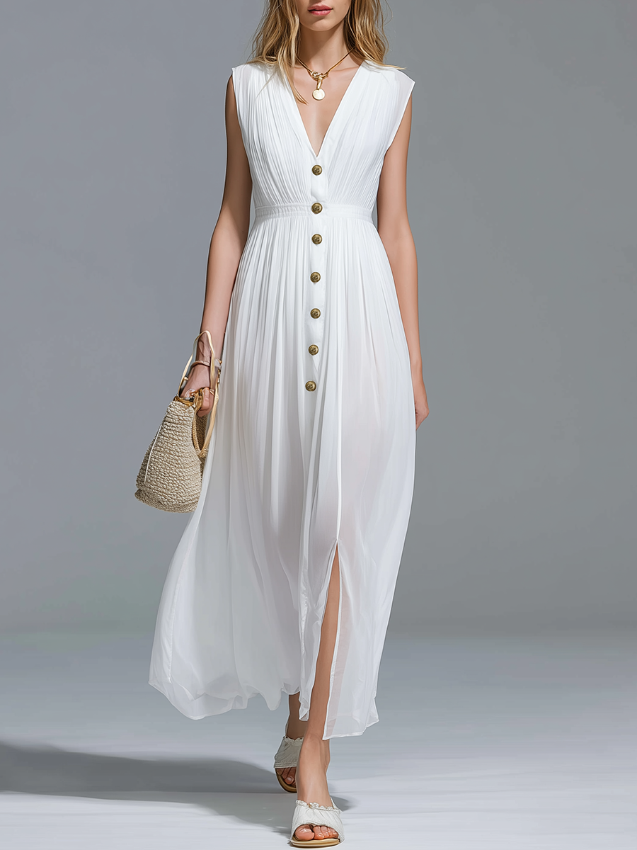 Elegant And Beautiful V-neck Wide-shoulder Sleeveless Chiffon Maxi Dress