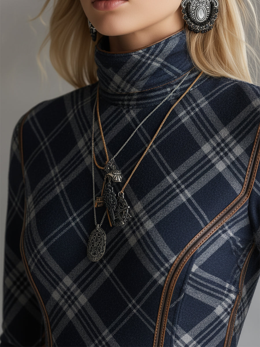 Elegant And Unique Stand-up Collar Blue Plaid Denim Maxi Dress