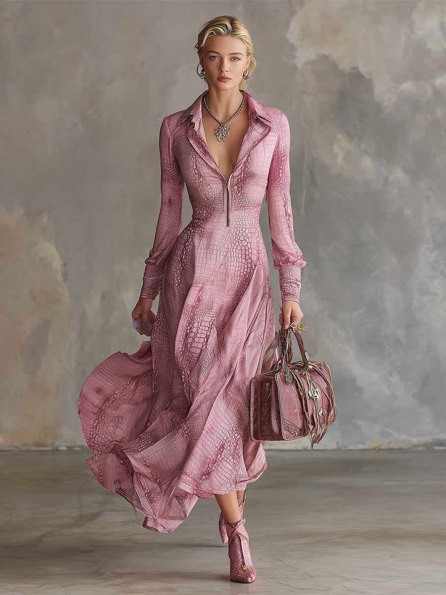 Trendy Urban Pink Crocodile Print Chiffon Maxi Dress
