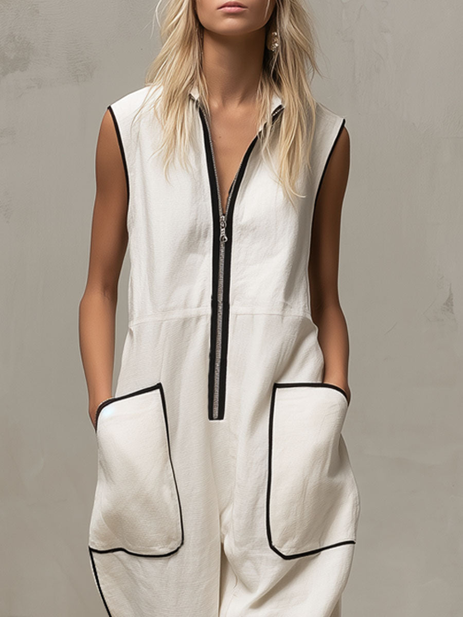 Loose-fitting Cotton-linen Color-blocked Stand-up Collar Zip-up Sleeveless Jumpsuit