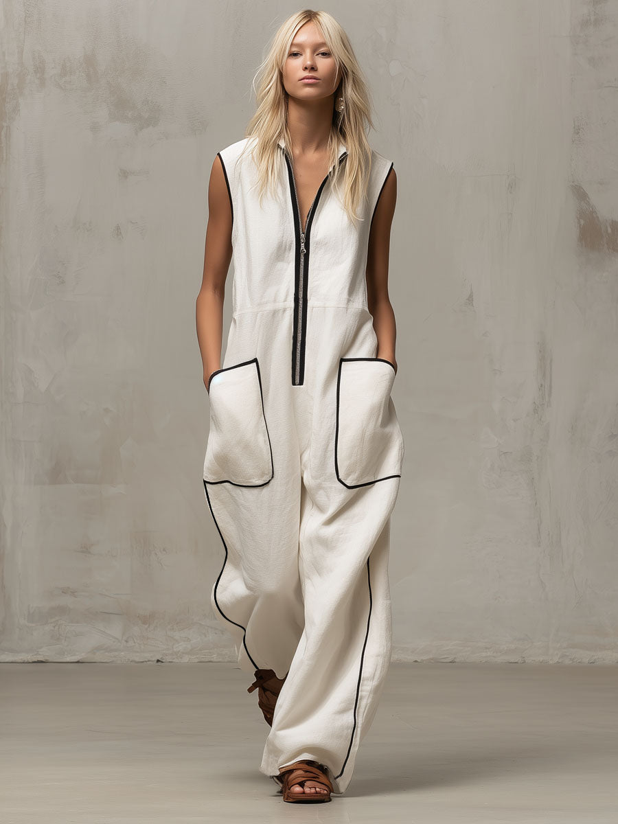 Loose-fitting Cotton-linen Color-blocked Stand-up Collar Zip-up Sleeveless Jumpsuit