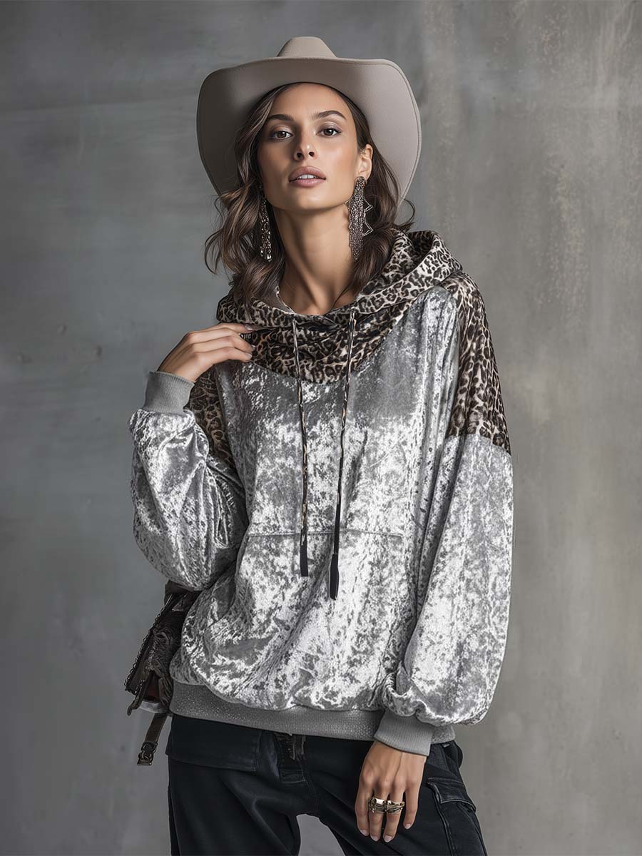 Vintage Casual Leopard Print Hooded Silver Velvet Sweatshirt