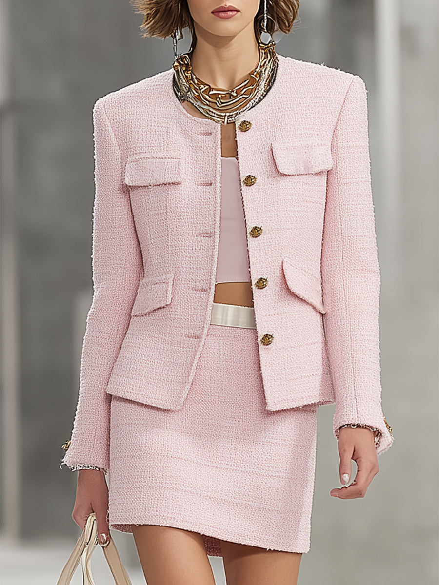 Pink Tweed Crew Neck Coat And Skirt Set