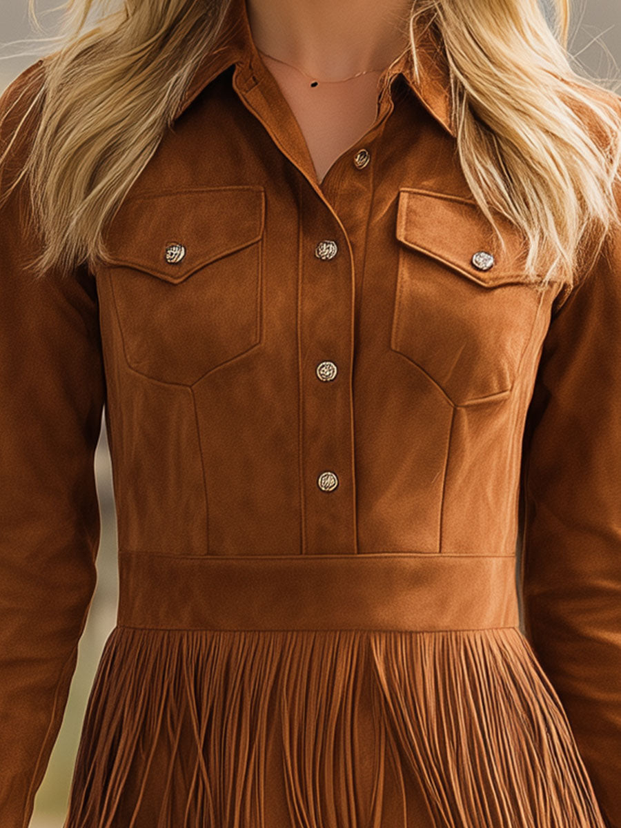 Western-style Vintage Brown Fringed Faux Suede Mini Dress