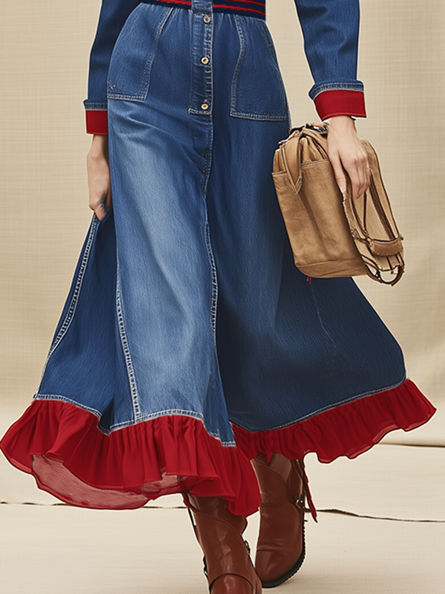 Retro-chic Ribbed Waist And Red Ruffled Hem Denim Maxi Dress
