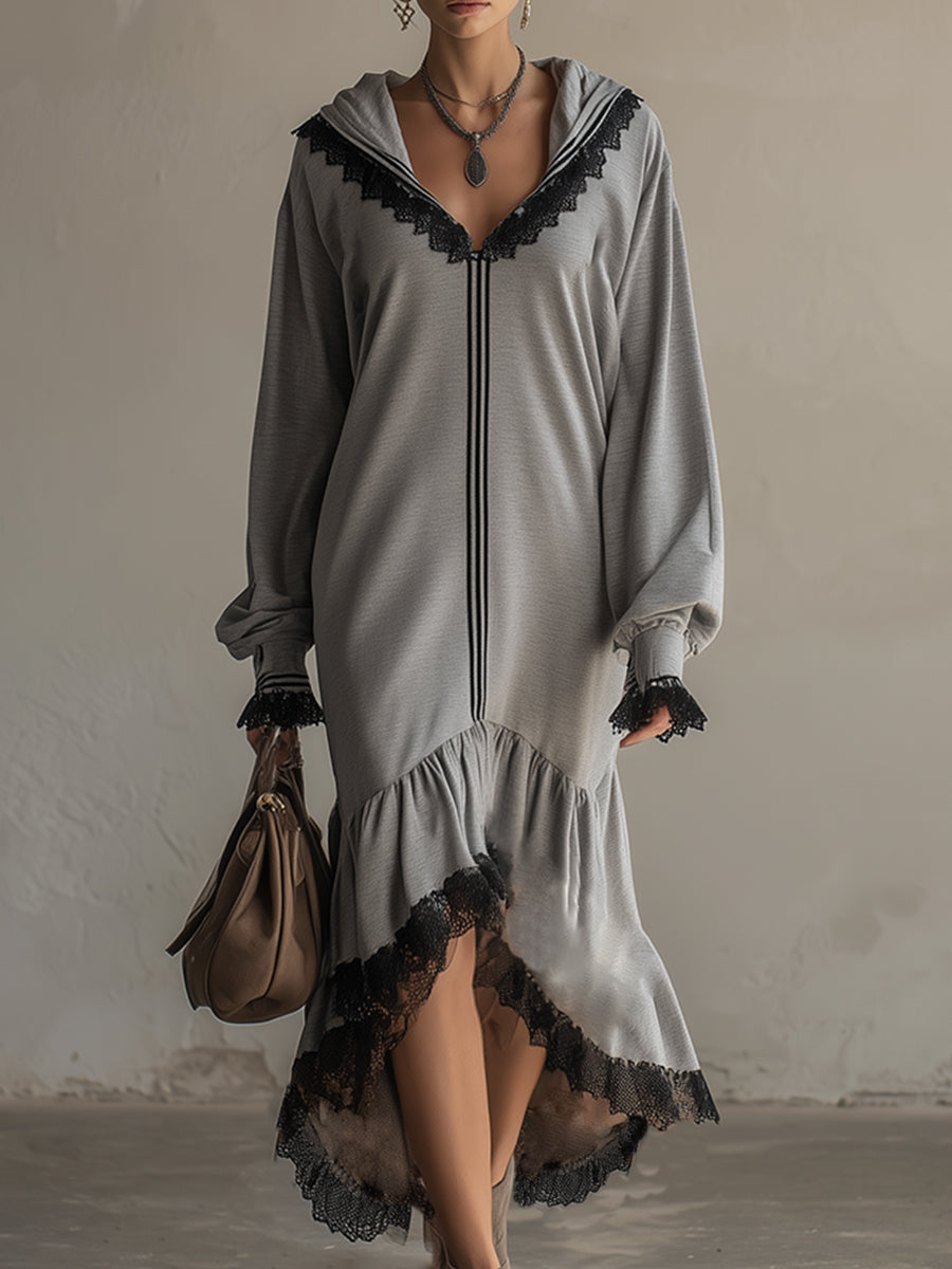 Stylish Sporty Lace-trimmed Grey Hooded Sweatshirt Maxi Dress