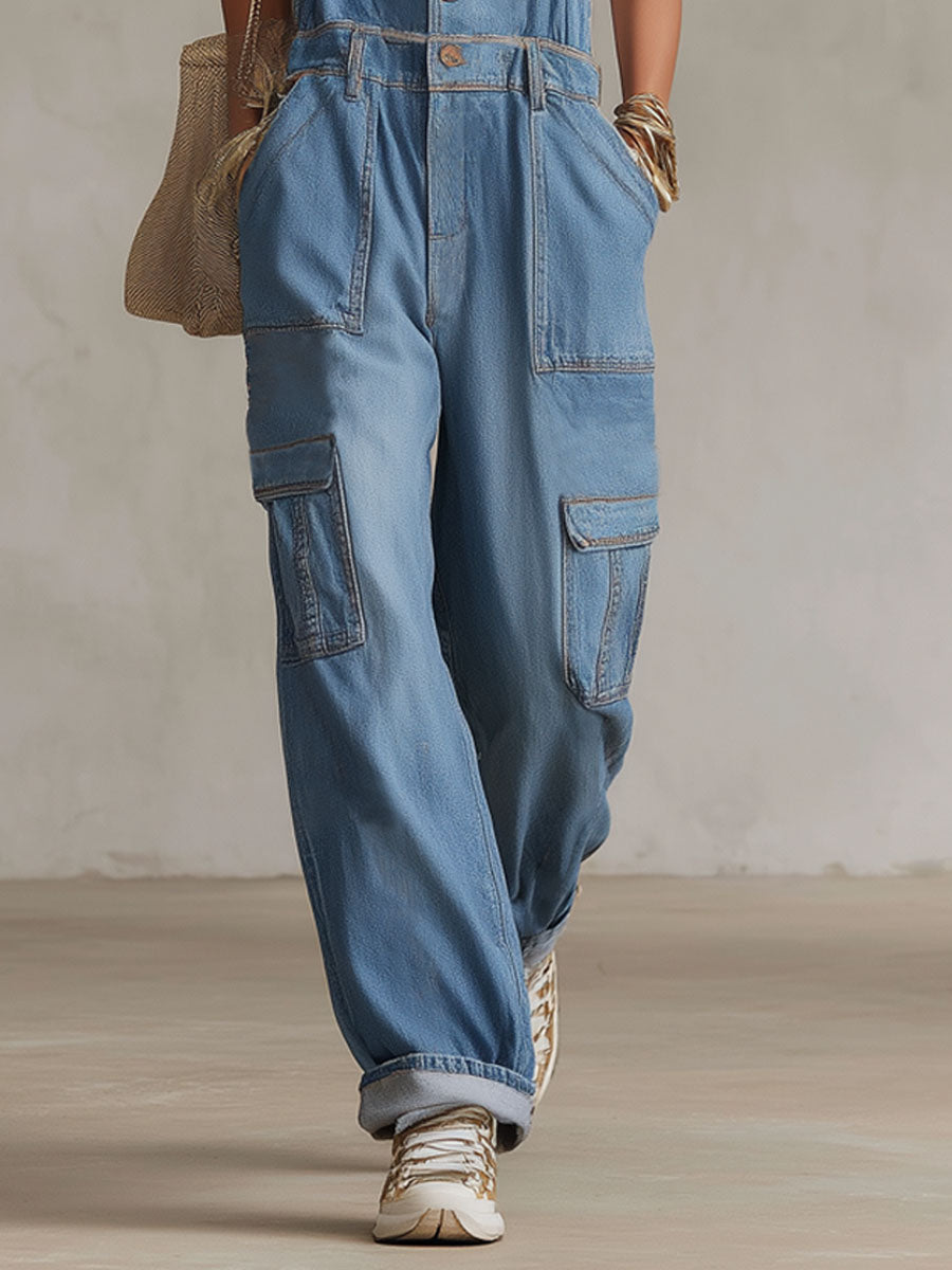 Multi-pocket Adjustable Strap Button Overalls