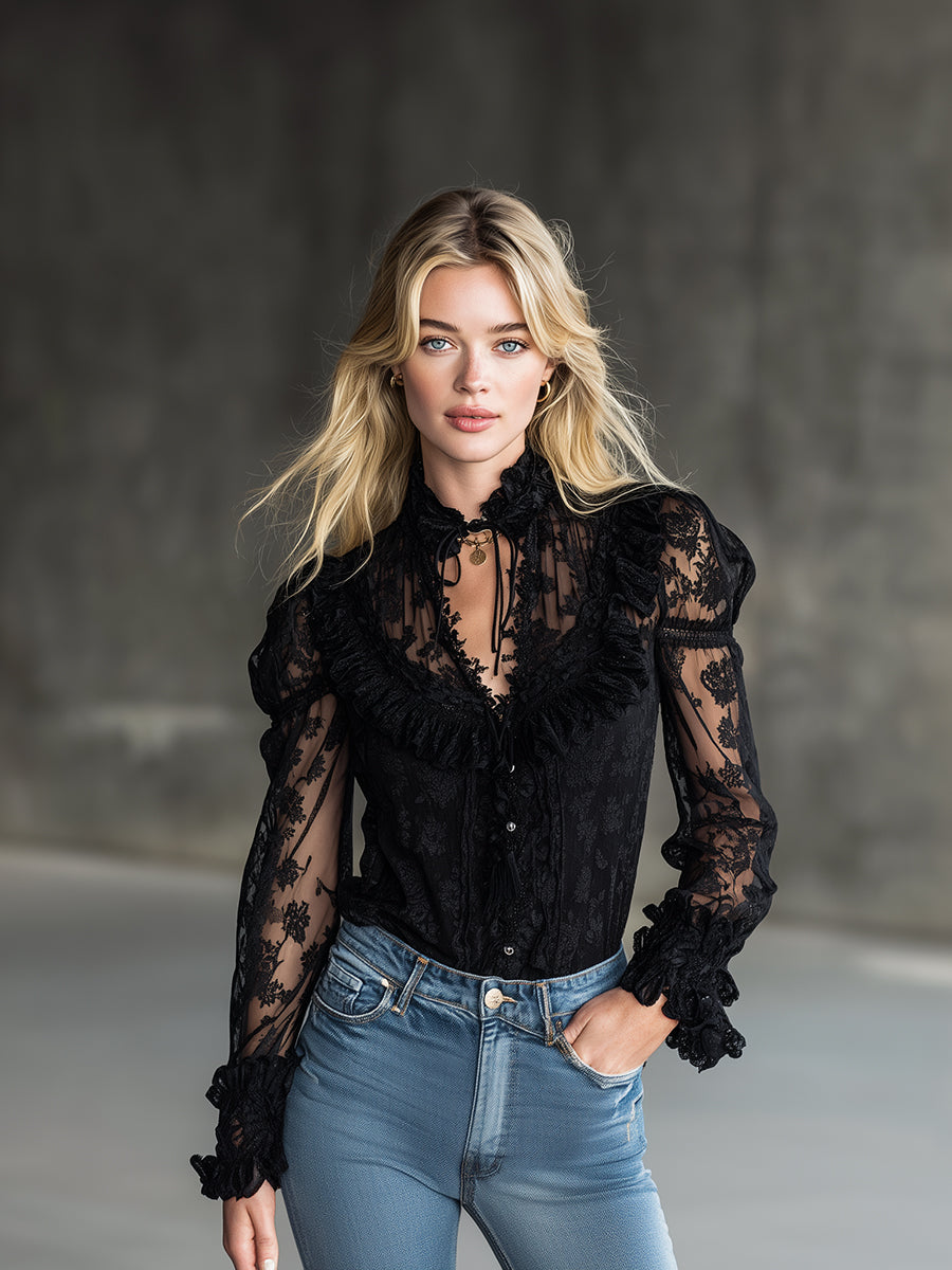 Stylish Black Lace Ruffled Button-down Shirt