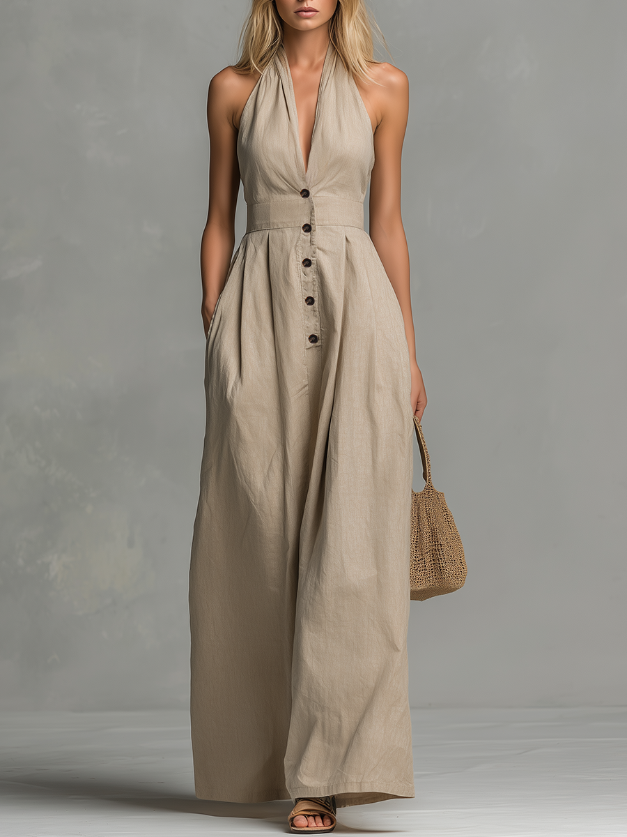 Casual And Comfortable Halter Neck V-neck Sleeveless Button-down Jumpsuit