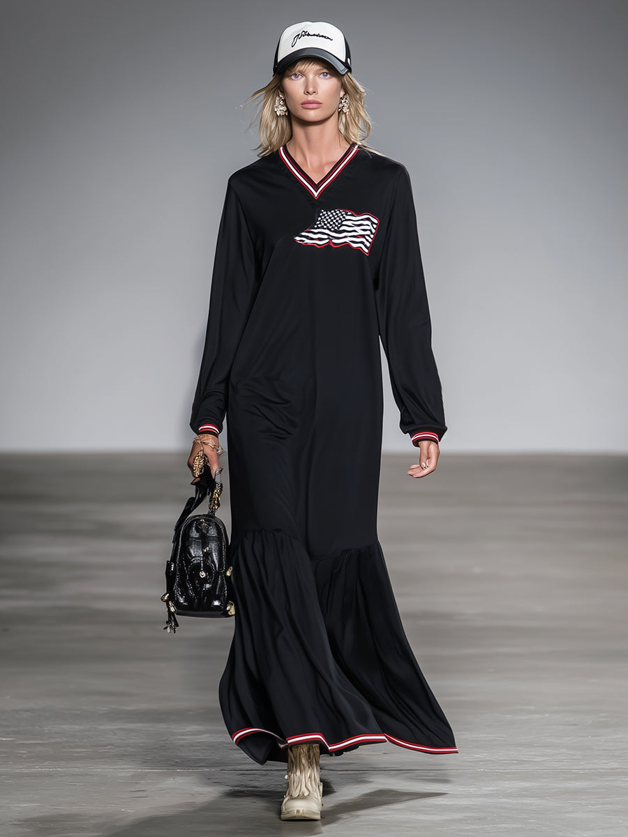 Casual Black V-neck With Red And White Ribbon And Flag Embroidery Maxi Dress