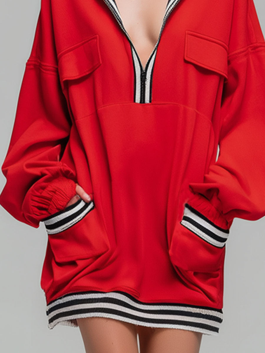 Loose-fitting Color-blocked Ribbed Pocketed Hooded Long-sleeved Mini Dress