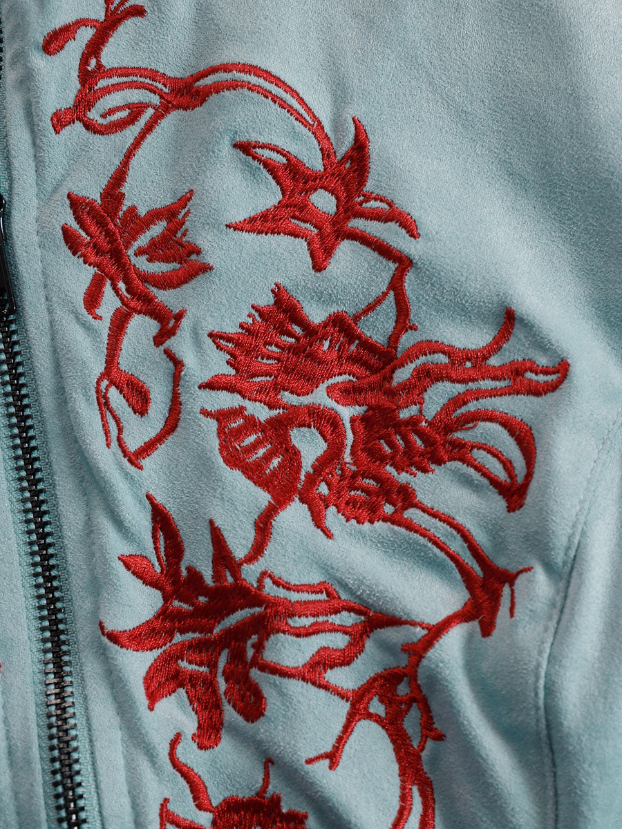 Western Retro Red Embroidered Blue Faux Suede Long-Sleeved Tassel Mini Dress