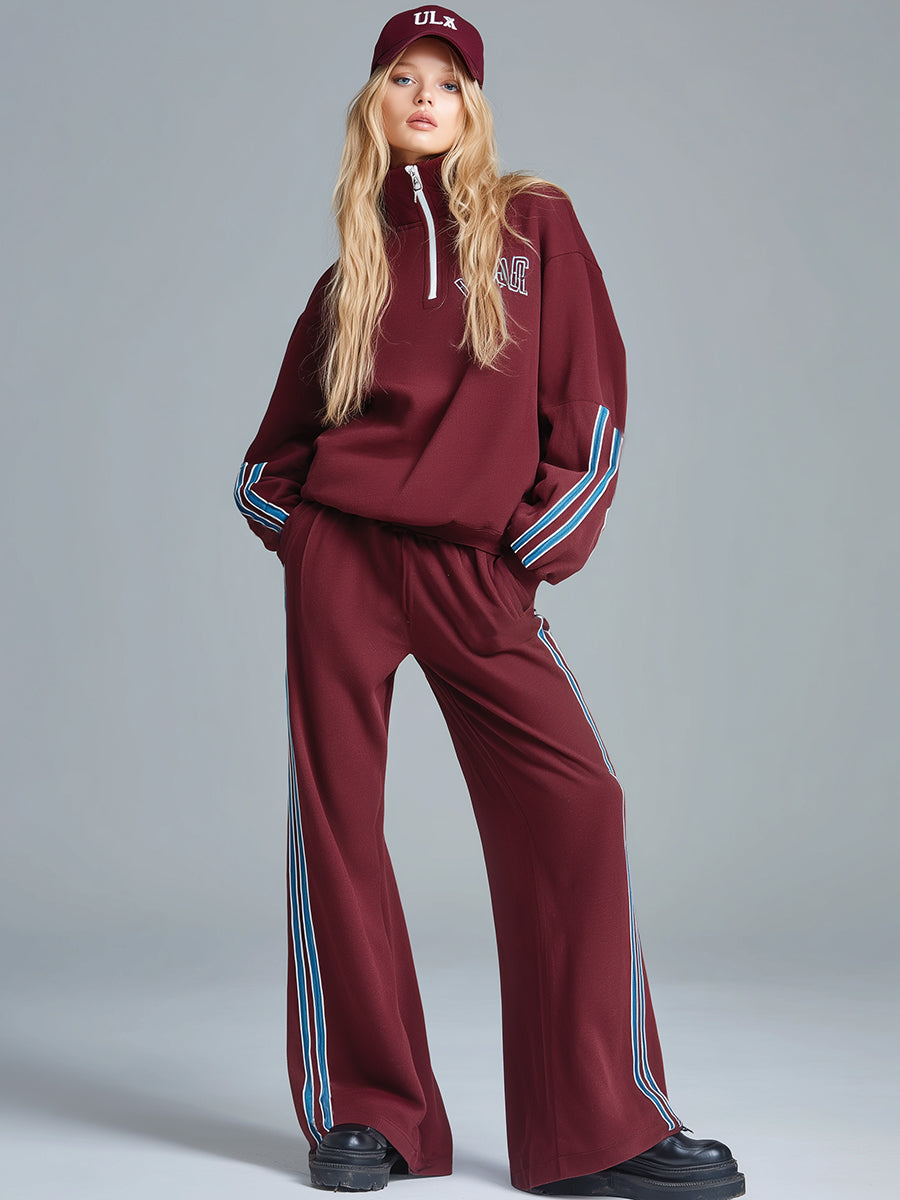 Retro Sporty Stand-up Collar Zip-up Burgundy Sweatshirt And Pants Set