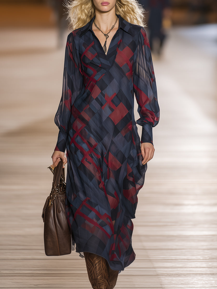 Retro-chic Red And Blue Floral Print V-neck Chiffon Maxi Dress