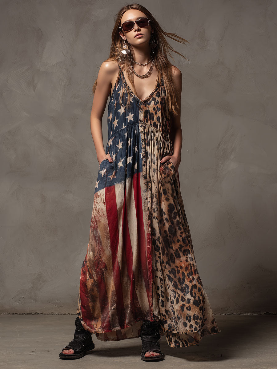 Vacation Retro American Flag Leopard Print Chiffon Sleeveless Maxi Dress