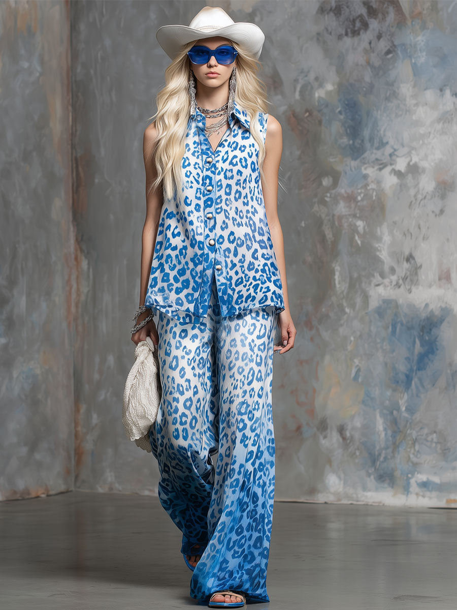 Gradient Blue Leopard Print Sleeveless Shirt And Trousers Chiffon Set