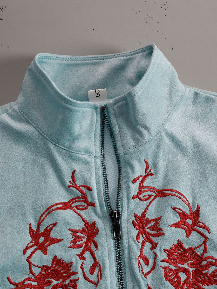 Western Retro Red Embroidered Blue Faux Suede Long-Sleeved Tassel Mini Dress