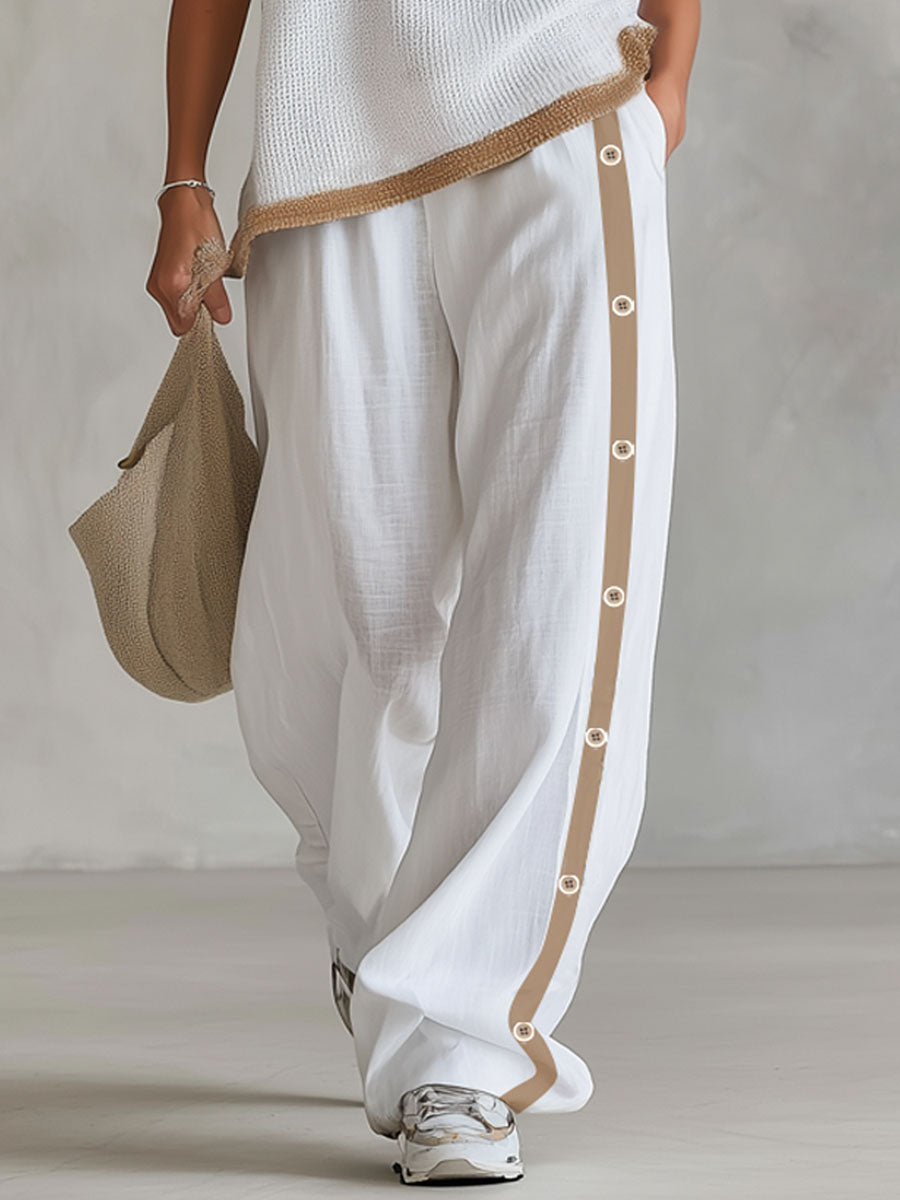 Loose-fitting Color-blocked Crew Neck Knit Top And Cotton-linen Pants Set