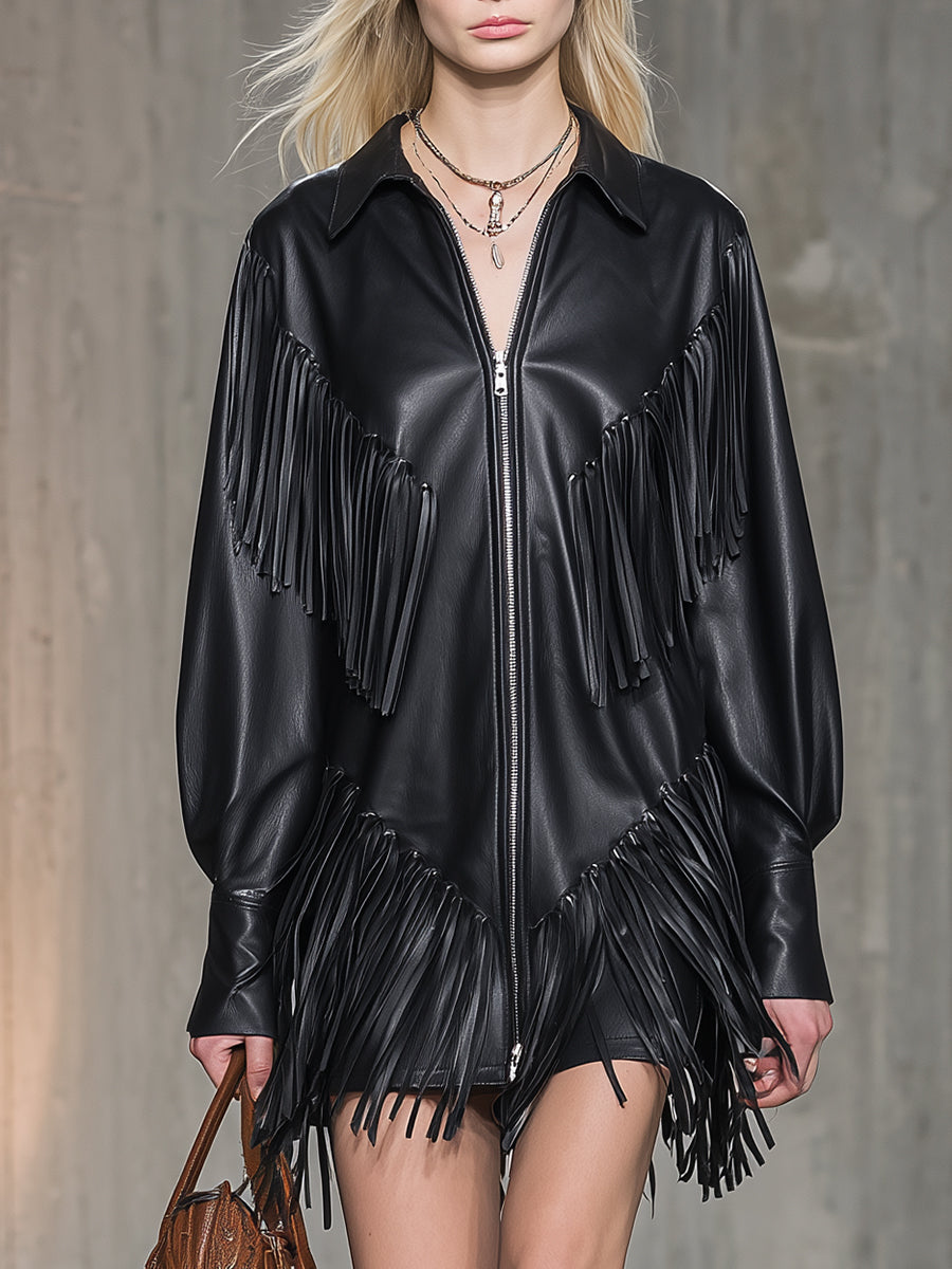 Western-style Faux Leather Zip-up With Fringe Details Mini Dress