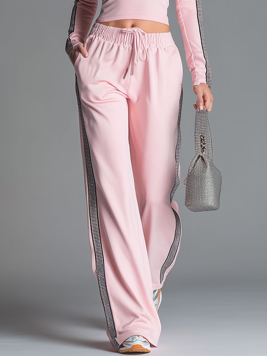 Fashionable Sporty Collared Pink Long-sleeved Zip-up Top And Pants Set