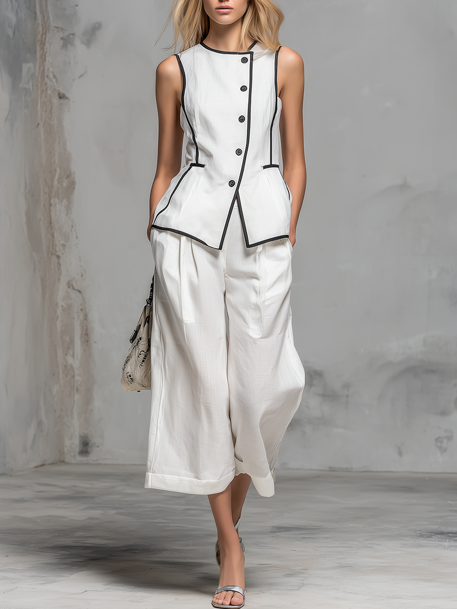 Casual And Stylish Sleeveless Round Neck Asymmetrical Top And Capri Pants Set