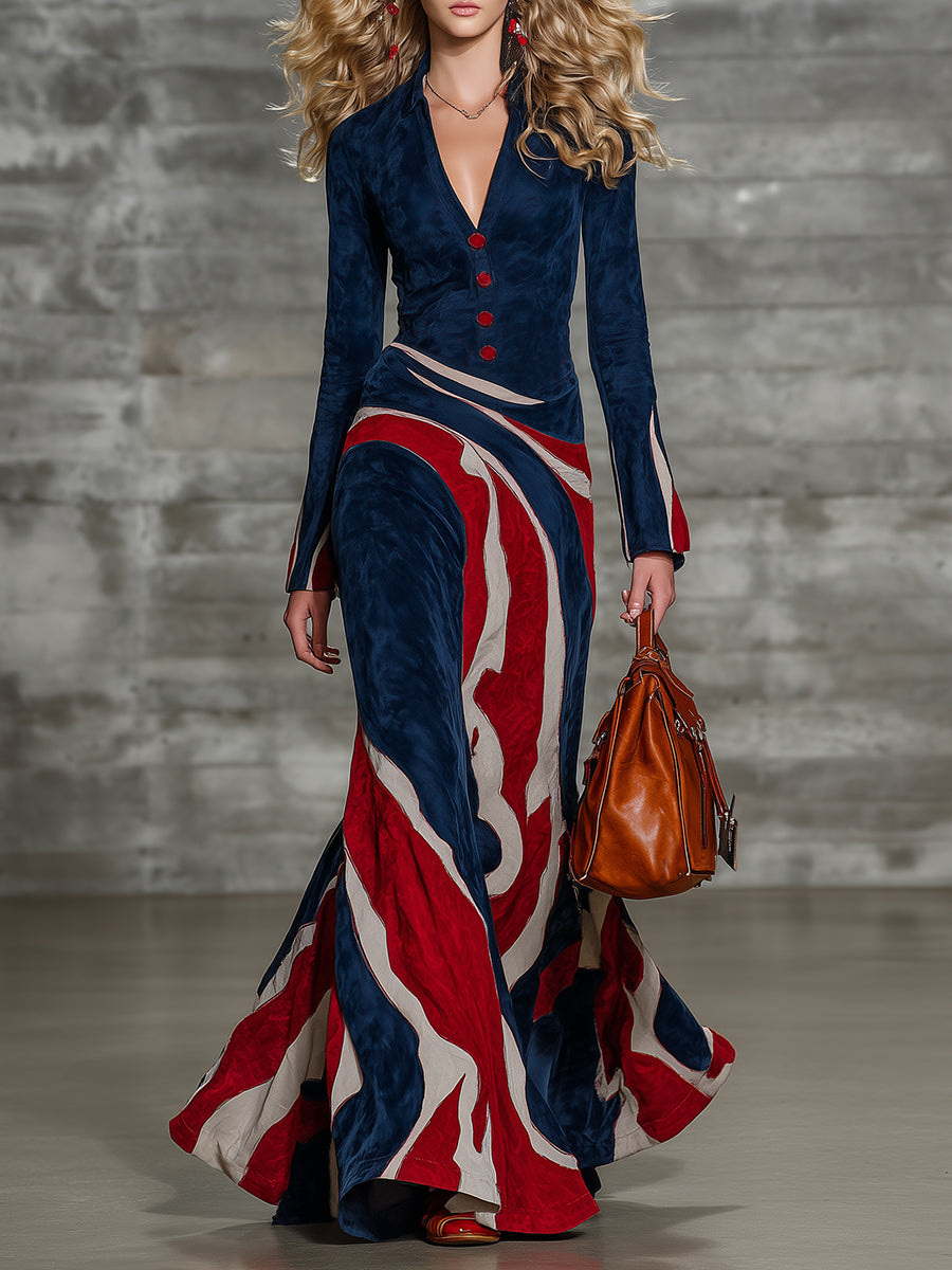 Chic Western-style Printed Blue Faux Suede Maxi Dress