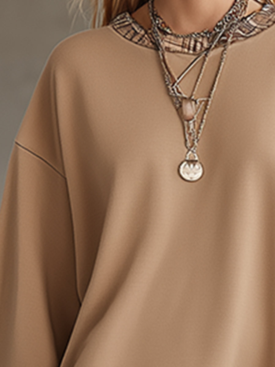 Casual Sporty Khaki Sweatshirt With Plaid Trim Mini Dress