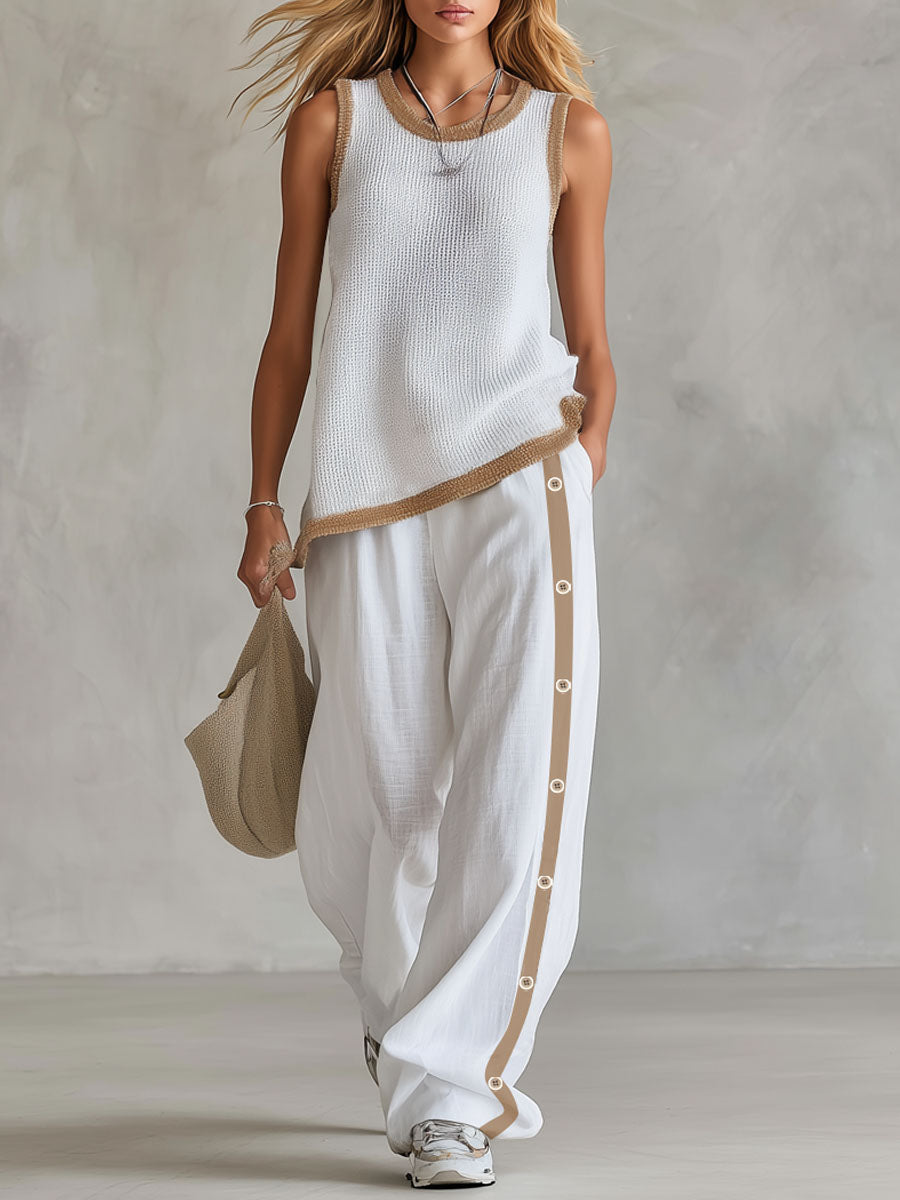 Loose-fitting Color-blocked Crew Neck Knit Top And Cotton-linen Pants Set