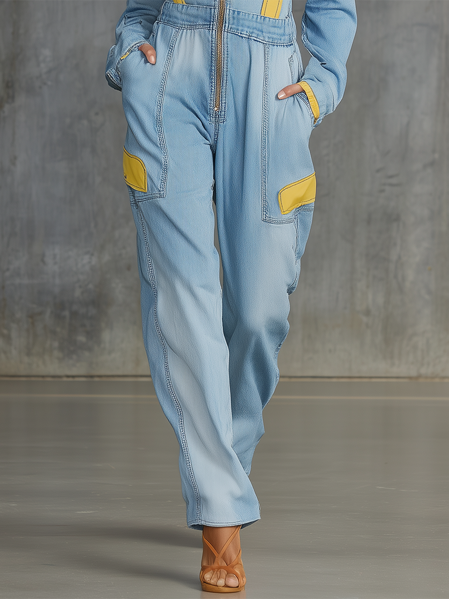 American Utility Contrast Off-shoulder Strappy Denim Jumpsuit