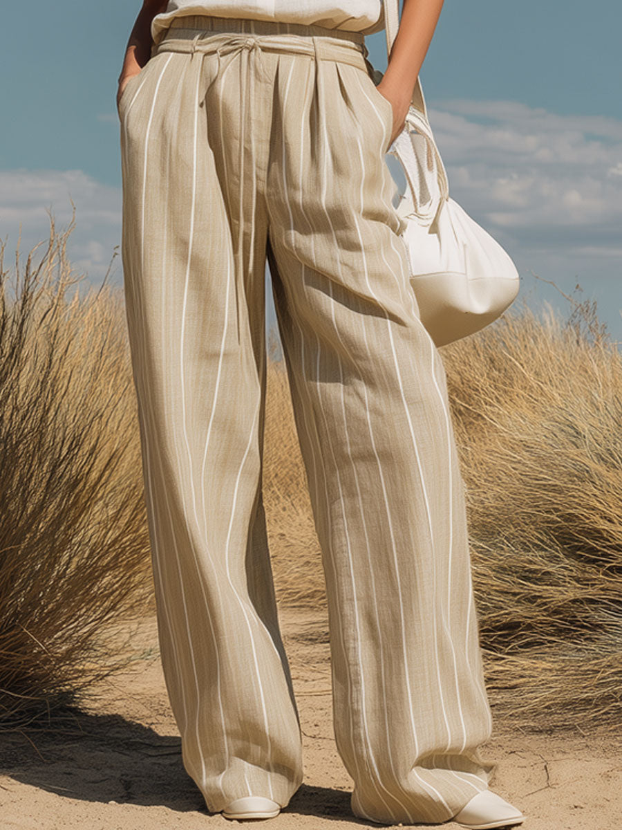 Casual Retro Cotton And Linen Sleeveless Shirt And Khaki Striped Wide-leg Pants Set