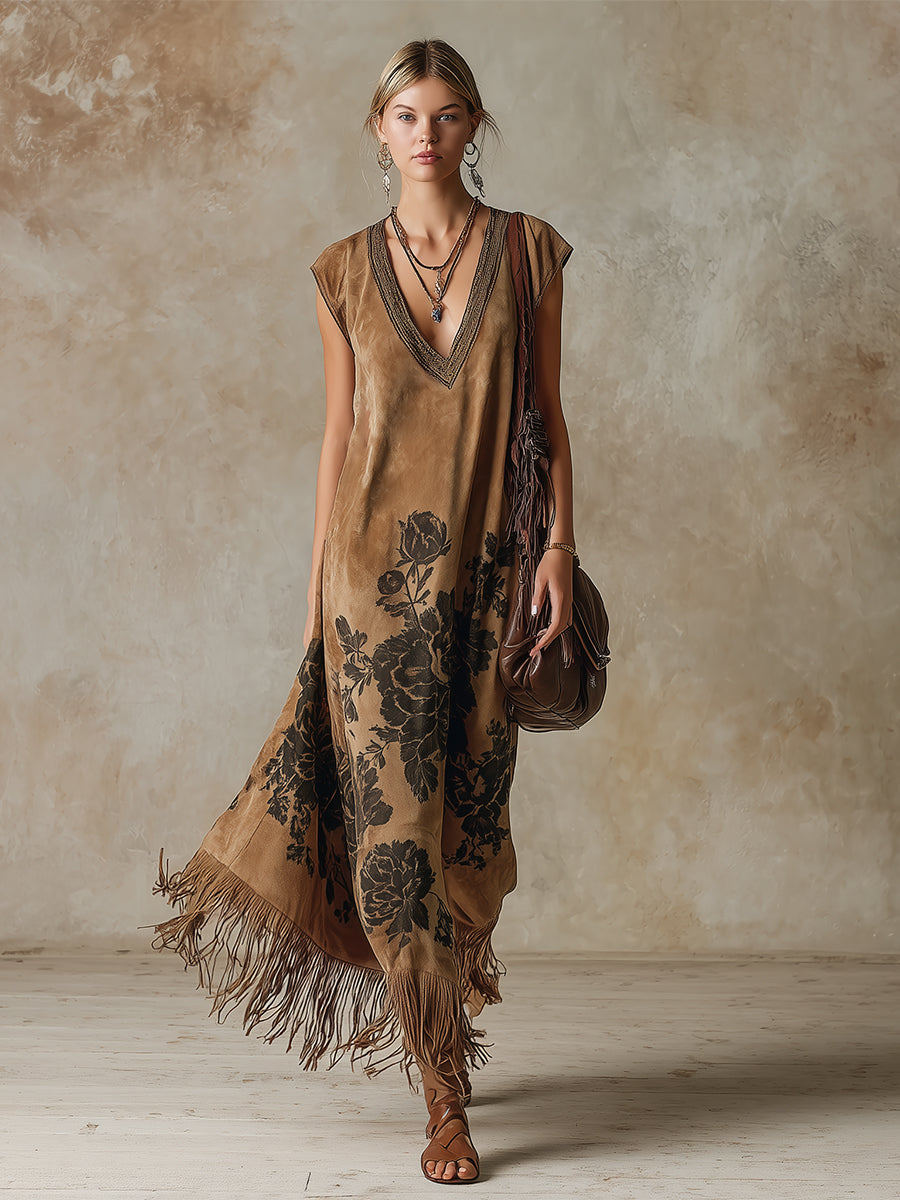 Retro-style Printed Khaki Faux Suede Fringes Sleeveless Maxi Dress