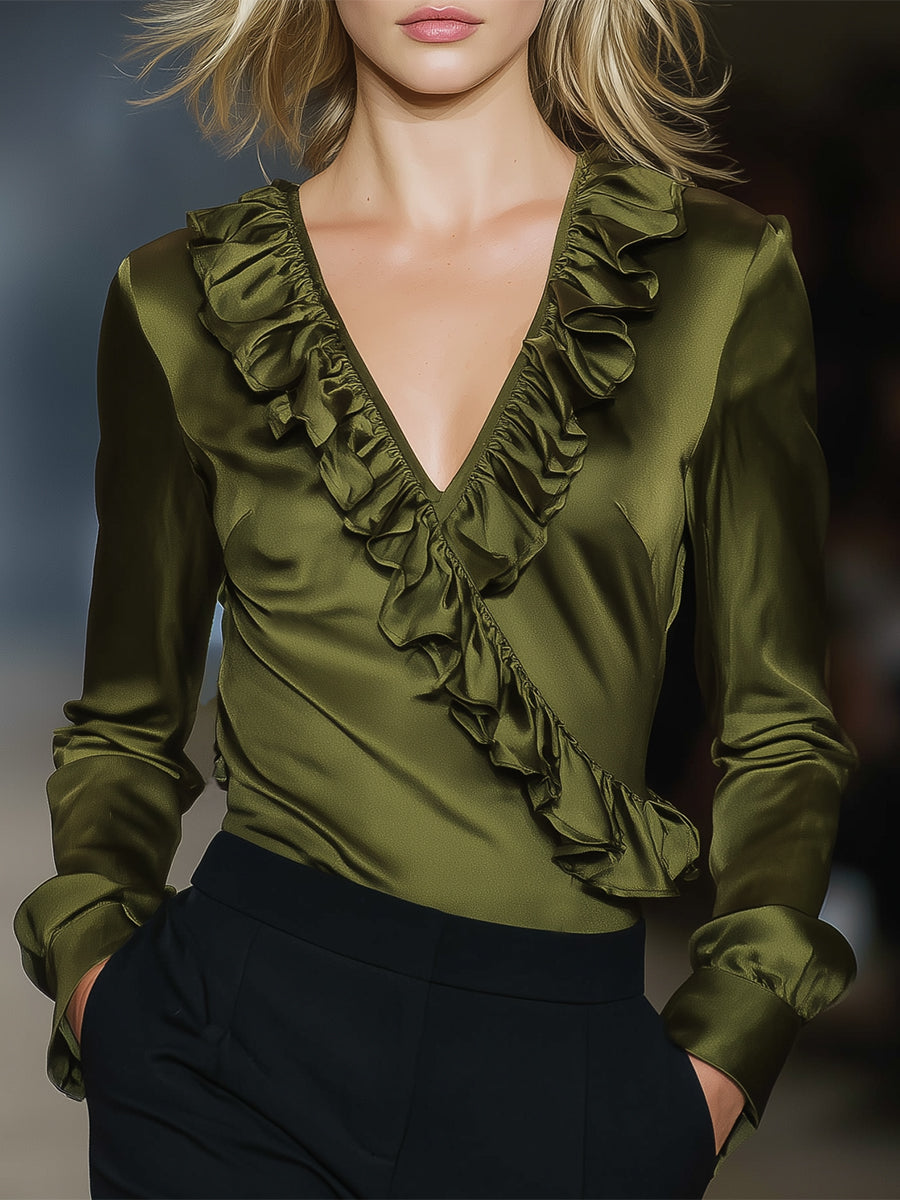 Elegant Olive Green V-neck Ruffled Long-sleeved Top