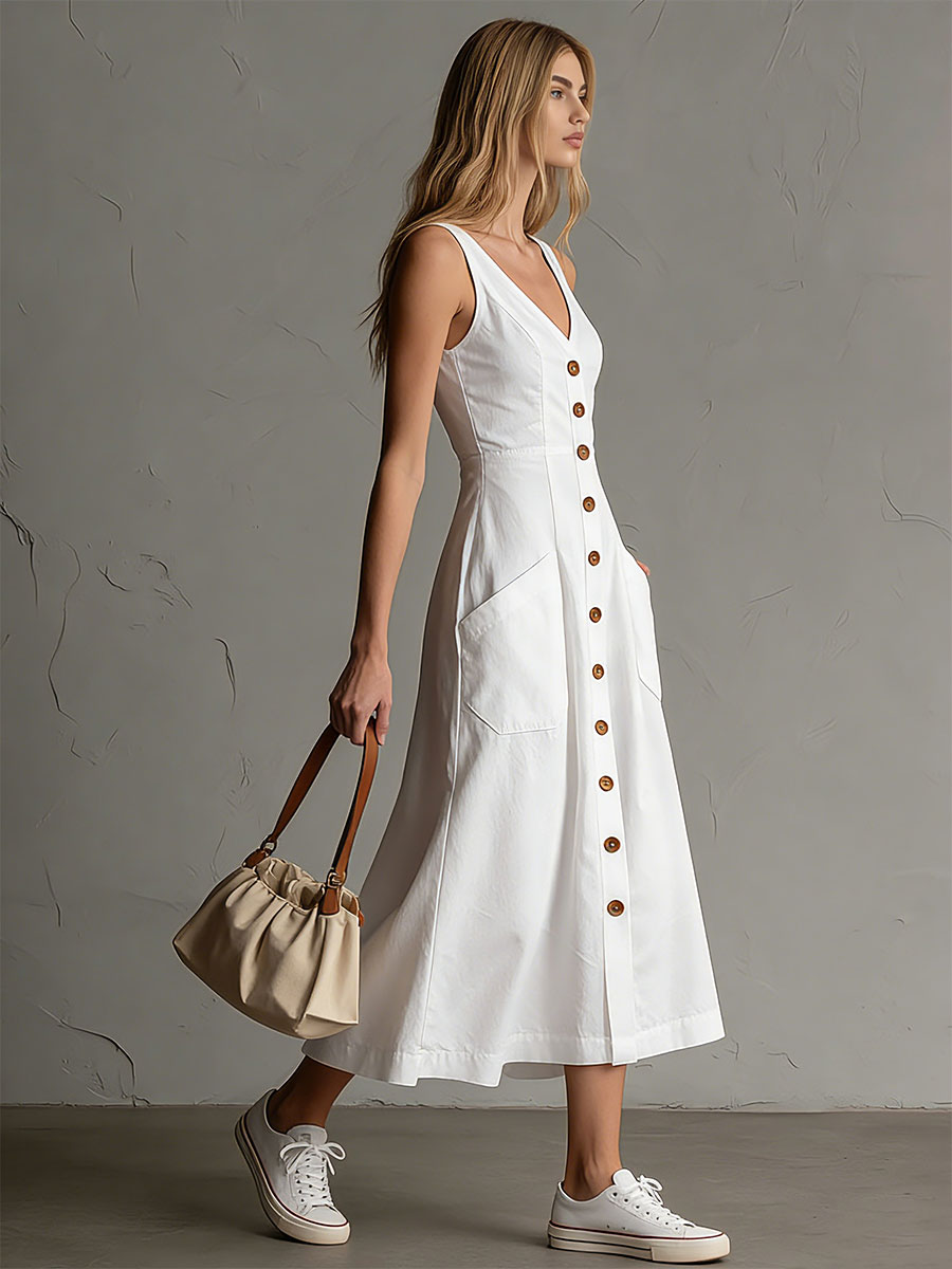 Casual Retro Style Button-down White V-neck Sleeveless Cotton Midi Dress