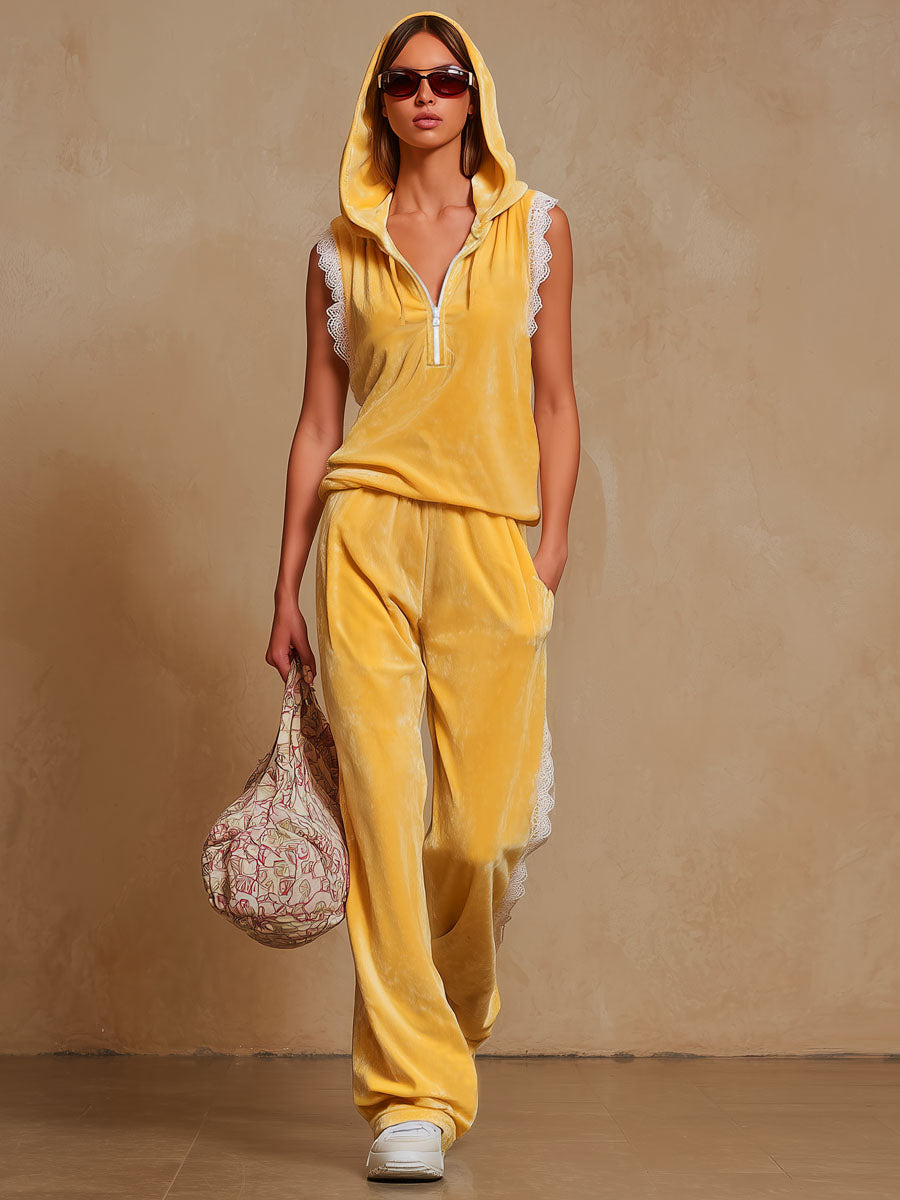 Color-block Lace-trimmed Hooded Sleeveless Top And Velvet Pants Set