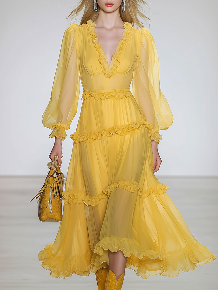Stylish And Elegant Yellow V-neck Chiffon Midi Dress