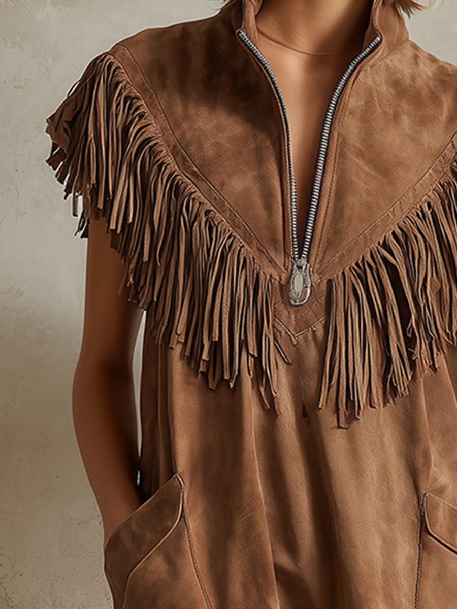 Stylish Western-style Light Brown Faux Suede Fringed Sleeveless Mini Dress