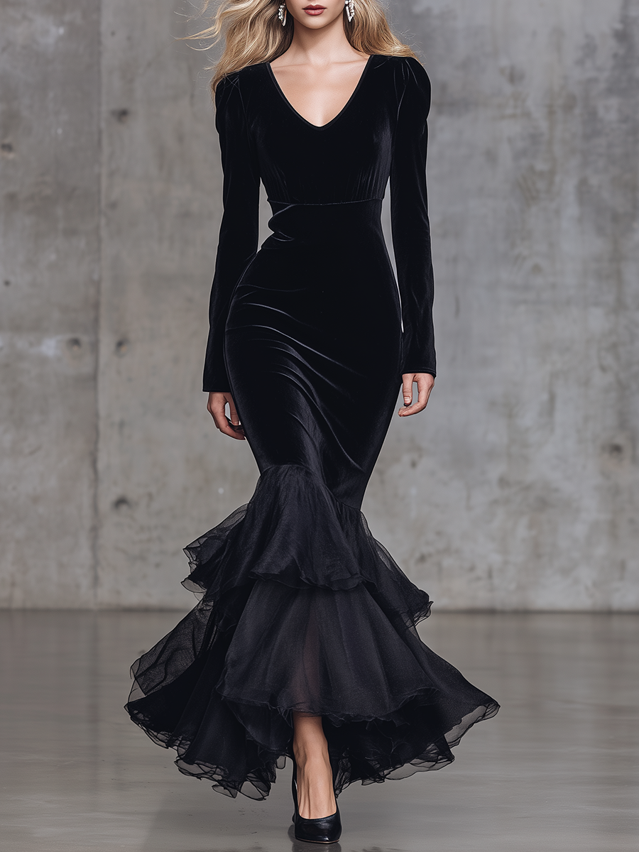 Elegant Cocktail V-neck Chiffon Fishtail Hem Black Velvet Maxi Dress