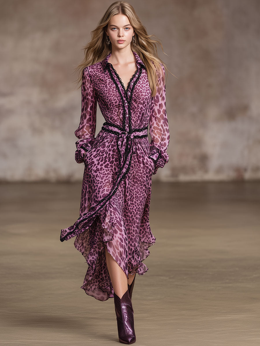 Retro Vacation Pinkish-purple Chiffon Leopard Print Lace-trimmed Long-sleeved Dress