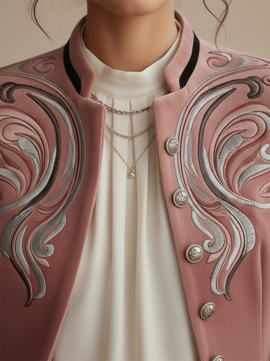 Retro Western-style Stand-up Collar Embroidered Pink Velvet Jacket