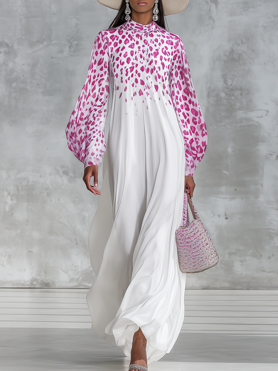 Vintage Charming Leopard Print Stand-collar Loose Chiffon Maxi Dress