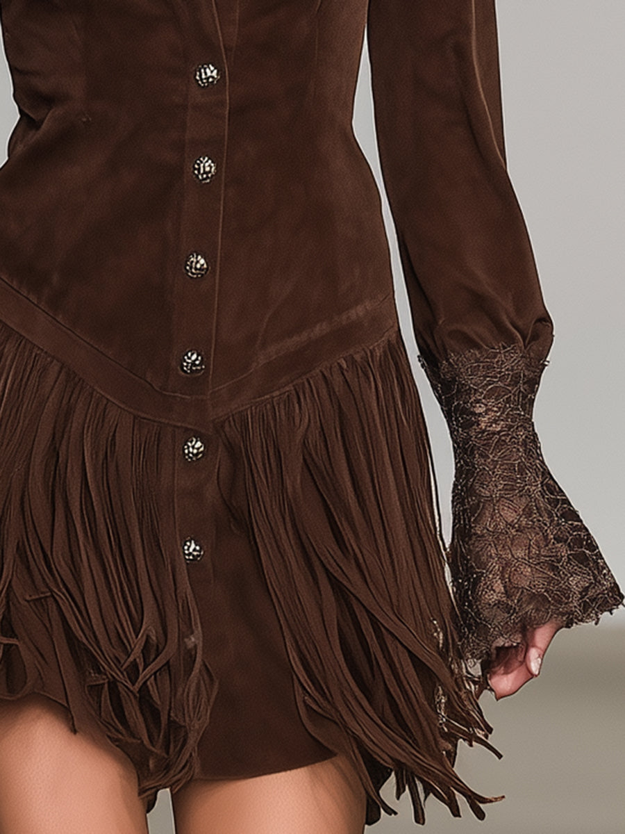 Western-style Brown Faux Suede With Fringed Hem And Cuffs Shirt Mini Dress