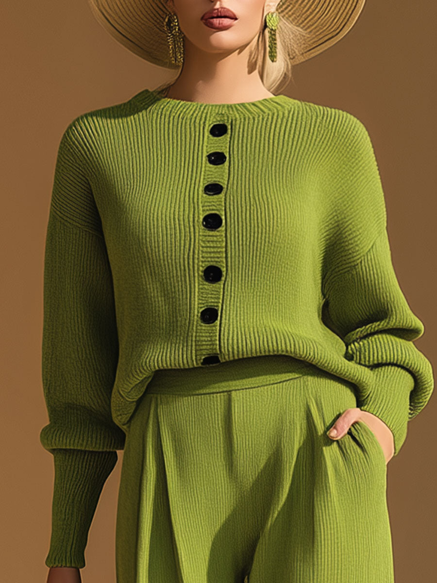 Retro Casual Green Crew Neck Knitted Cardigan And Trousers Set